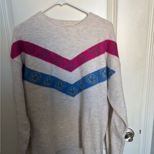 Cozy Cream Sweater with Pink and Blue Smiley Accents
